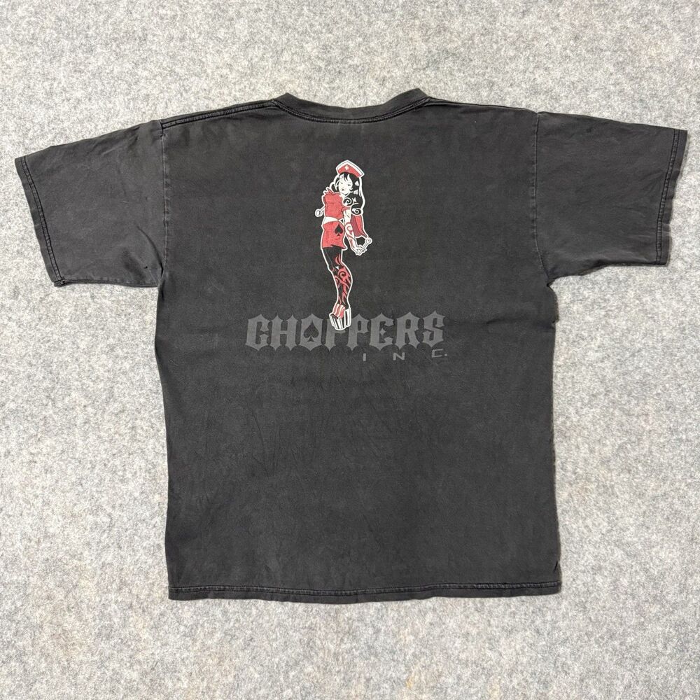 Vintage 90s Choppers Inc Pinup Girl T Shirt Large Faded Black Biker Motorcycle